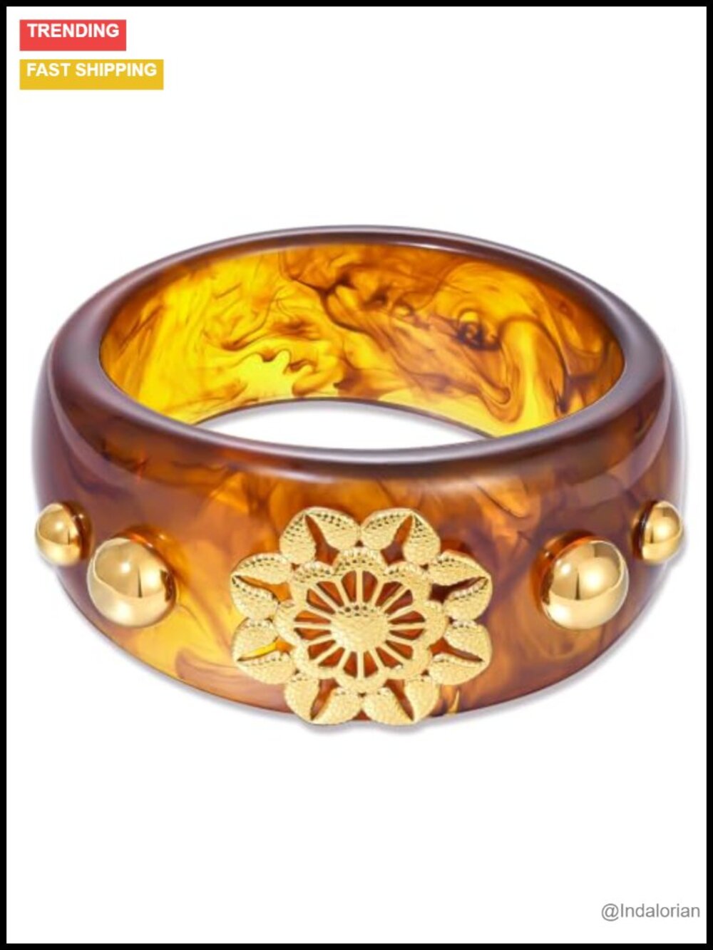 Chunky Resin Bangle Bracelet 14K Gold Plated Wide Cuff Marbled